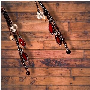 Vintage silver, Red coral, And black Multi strand Gypsy style drop earrings